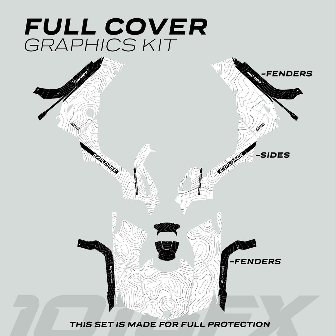 Can-Am OUTLANDER G2 Graphics Kit EXPLORER features die-cut decals with topographic patterns for ATV fender and body protection, ensuring a custom fit and enhanced durability.