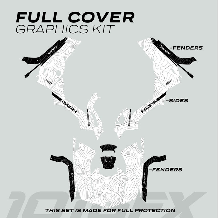 Can-Am OUTLANDER G2 Graphics Kit EXPLORER features die-cut decals with topographic patterns for ATV fender and body protection, ensuring a custom fit and enhanced durability.