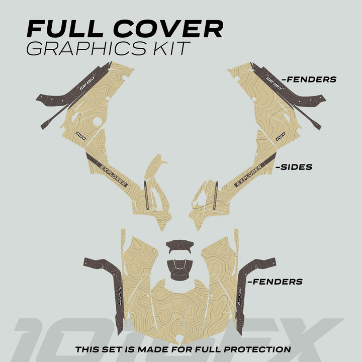 Can-Am OUTLANDER G2 Graphics Kit EXPLORER Sand Earth with labeled decal templates featuring a beige and dark brown topographic-line pattern for full ATV protection.