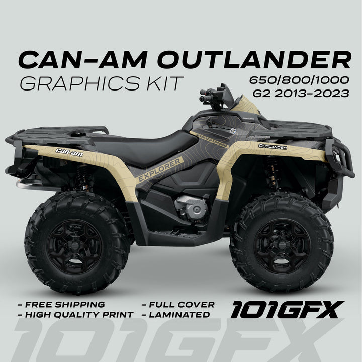 Can-Am OUTLANDER G2 Graphics Kit EXPLORER Grey Sand on ATV, showcasing topographic-style decals for 2013-2023 models. Offers full coverage, durability, and stylish protection.