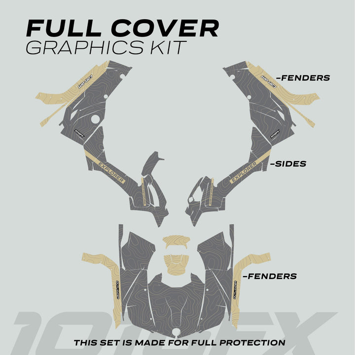 Can-Am OUTLANDER G2 Graphics Kit EXPLORER Grey Sand features topographic-style decals for full coverage, labeled for fenders and sides, enhancing style and protection.