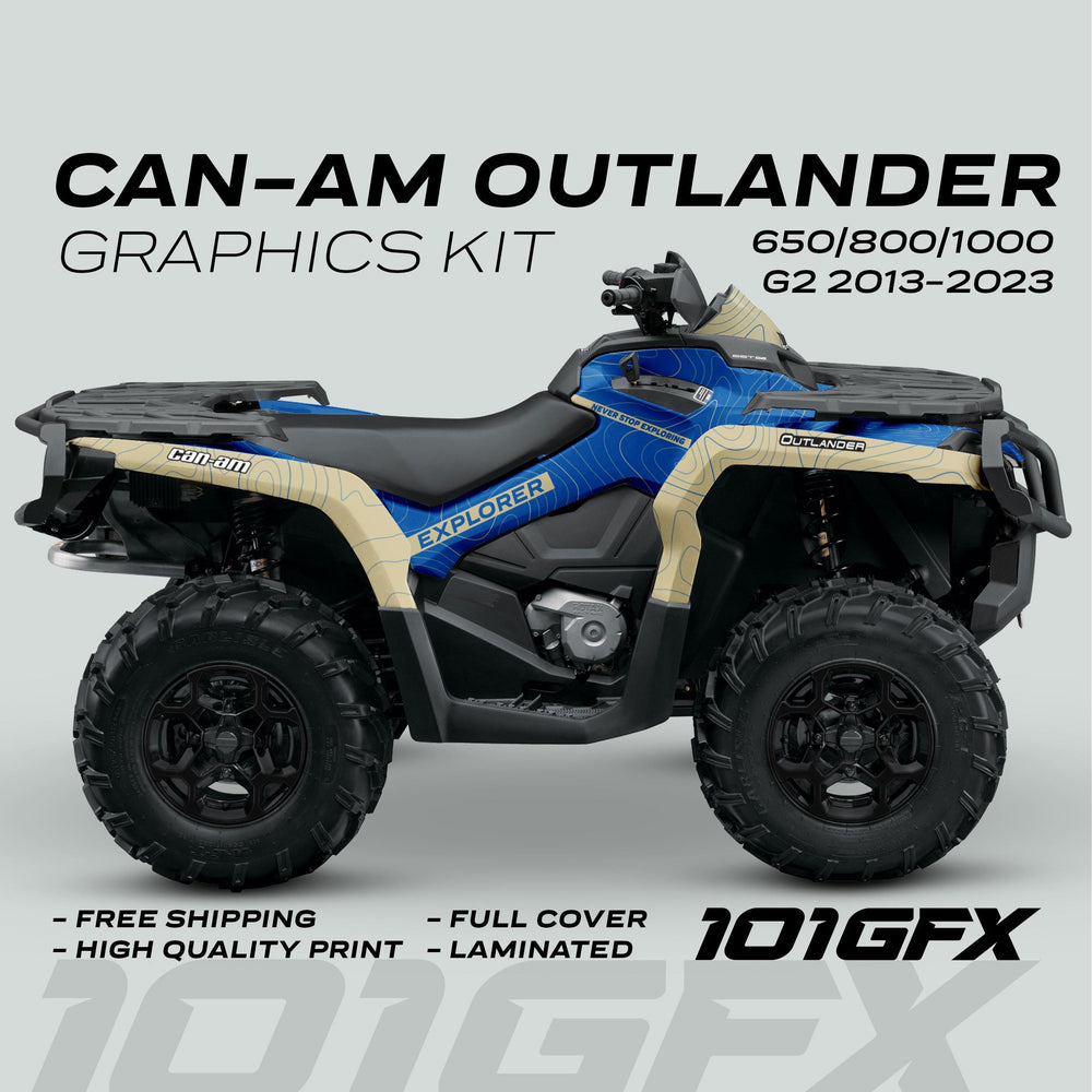 Can-Am OUTLANDER Graphics Kit EXPLORER Blue Sand on an ATV, featuring a custom blue and tan contour-line design, highlighting durability and seamless fit.