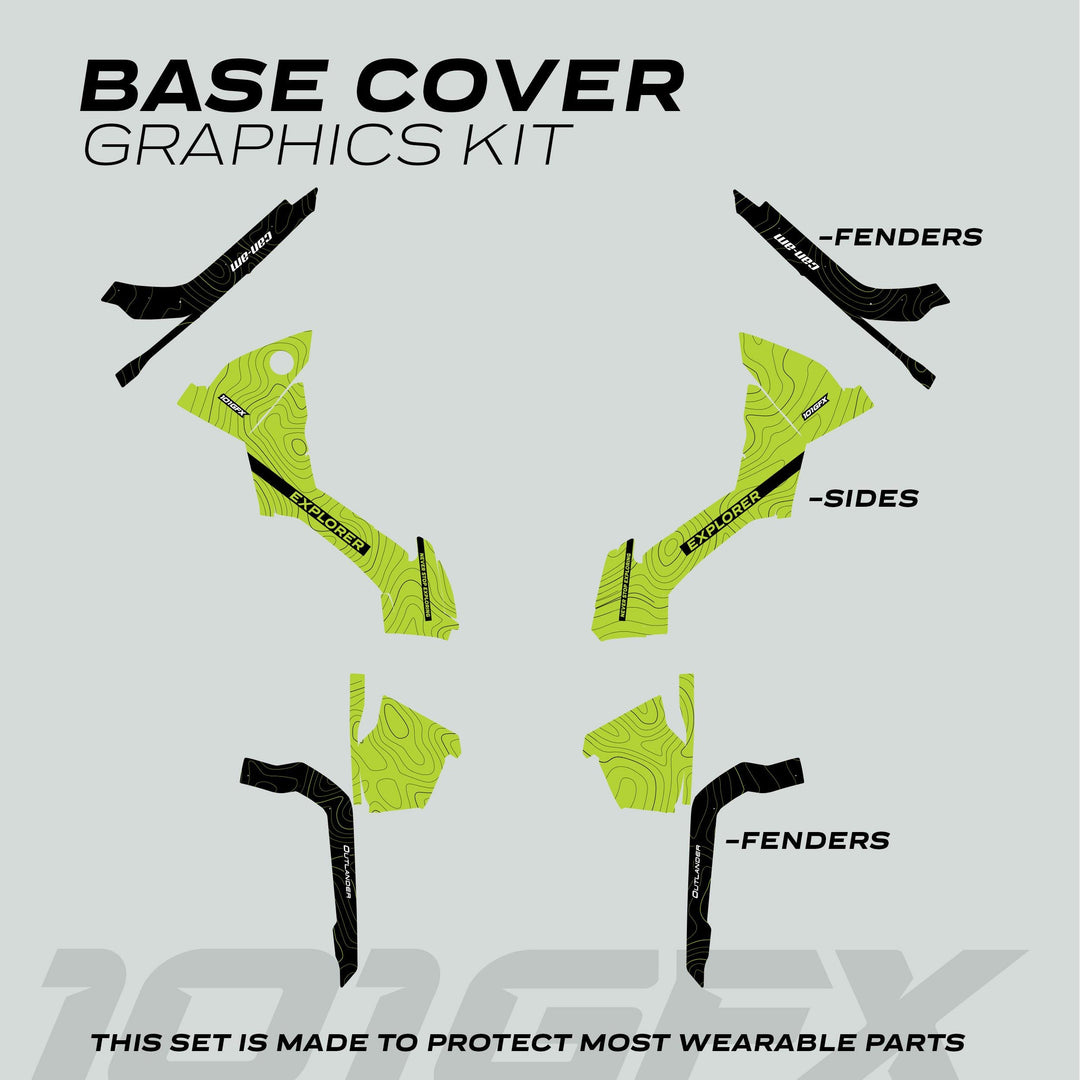 Can-Am OUTLANDER G2 Graphics Kit EXPLORER Green Black with fenders, sides, and base panels.