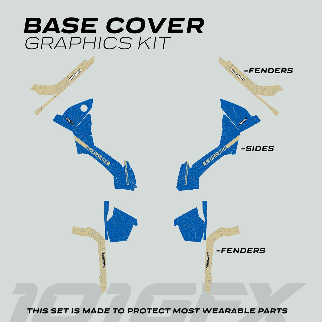 Can-Am OUTLANDER Graphics Kit EXPLORER Blue Sand: Protective decals for fenders and side panels, enhancing style and durability with easy installation.