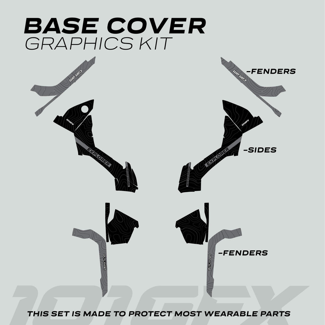 Can-Am OUTLANDER Graphics kit EXPLORER Black Grey showing six protective vinyl pieces for fenders and side panels with topographic-style graphics and branding.