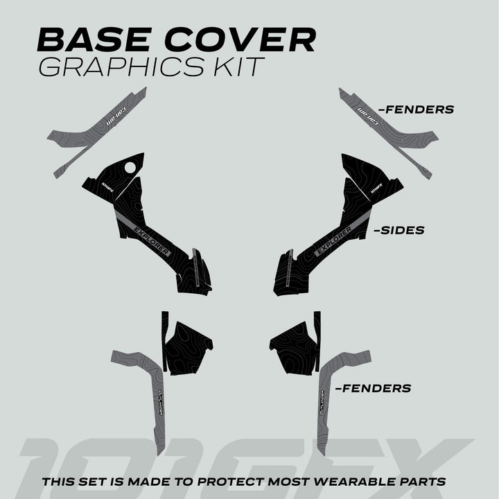 Can-Am OUTLANDER Graphics kit EXPLORER Black Grey showing six protective vinyl pieces for fenders and side panels with topographic-style graphics and branding.