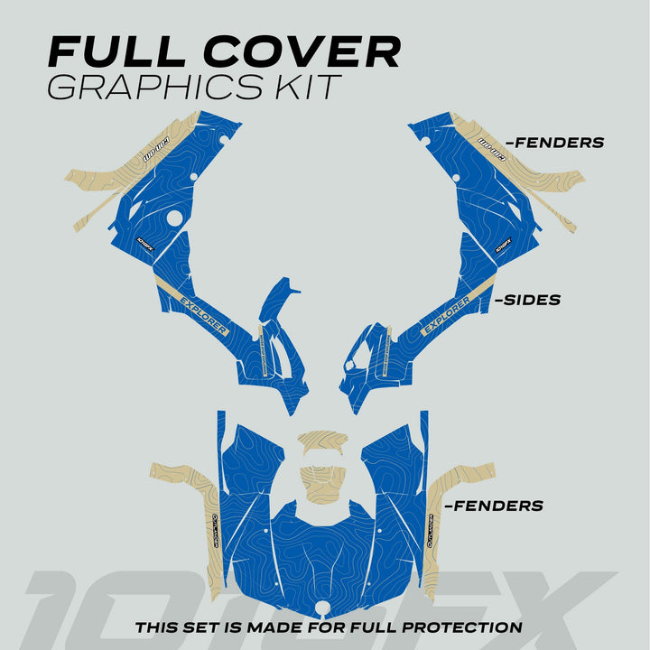 Can-Am OUTLANDER Graphics Kit EXPLORER Blue Sand, featuring topographic pattern decals for fenders and side panels, offers style and protection.
