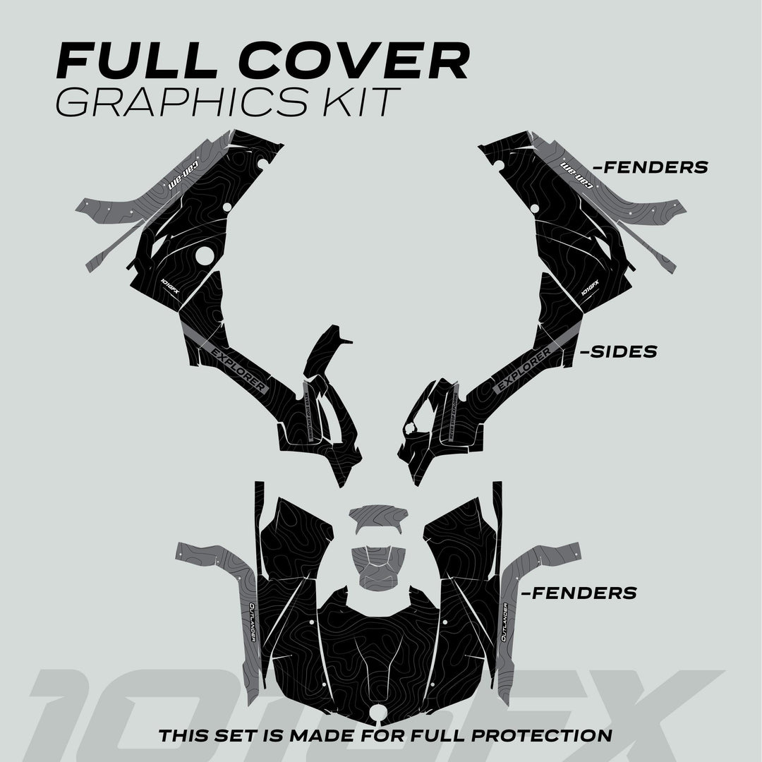 Can-Am OUTLANDER Graphics kit EXPLORER Black Grey diagram showing labeled decals for fenders and sides with a black and dark-gray contour pattern.