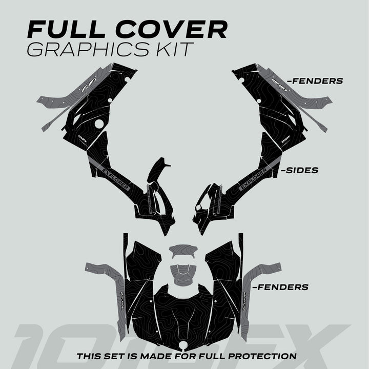 Can-Am OUTLANDER Graphics kit EXPLORER Black Grey diagram showing labeled decals for fenders and sides with a black and dark-gray contour pattern.