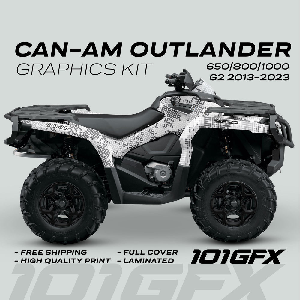 Can-Am OUTLANDER Graphics Kit DIGITAL CAMO Winter on ATV, showcasing durable, full-cover vinyl with digital camo pattern for style and protection from scratches.