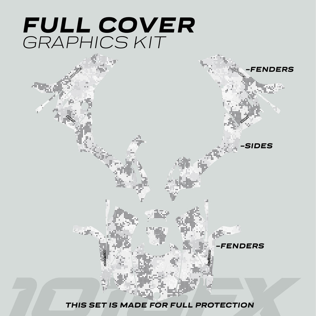 Can-Am OUTLANDER Graphics Kit DIGITAL CAMO Winter shown as pre-cut vinyl decals for ATV fenders and sides, labeled for specific model fit and protection.