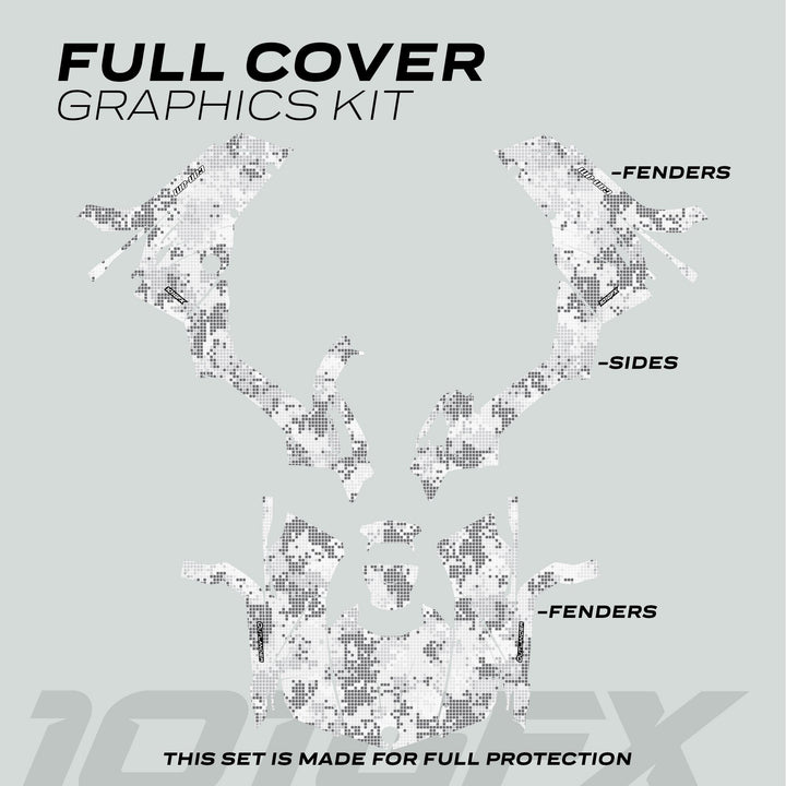 Can-Am OUTLANDER Graphics Kit DIGITAL CAMO Winter shown as pre-cut vinyl decals for ATV fenders and sides, labeled for specific model fit and protection.