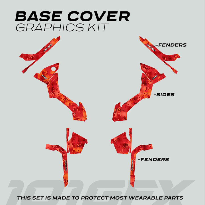 Can-Am OUTLANDER Graphics Kit DIGITAL CAMO Red, featuring red/orange pixel-mosaic pieces for fenders and side panels, offering style and protection for your ATV.