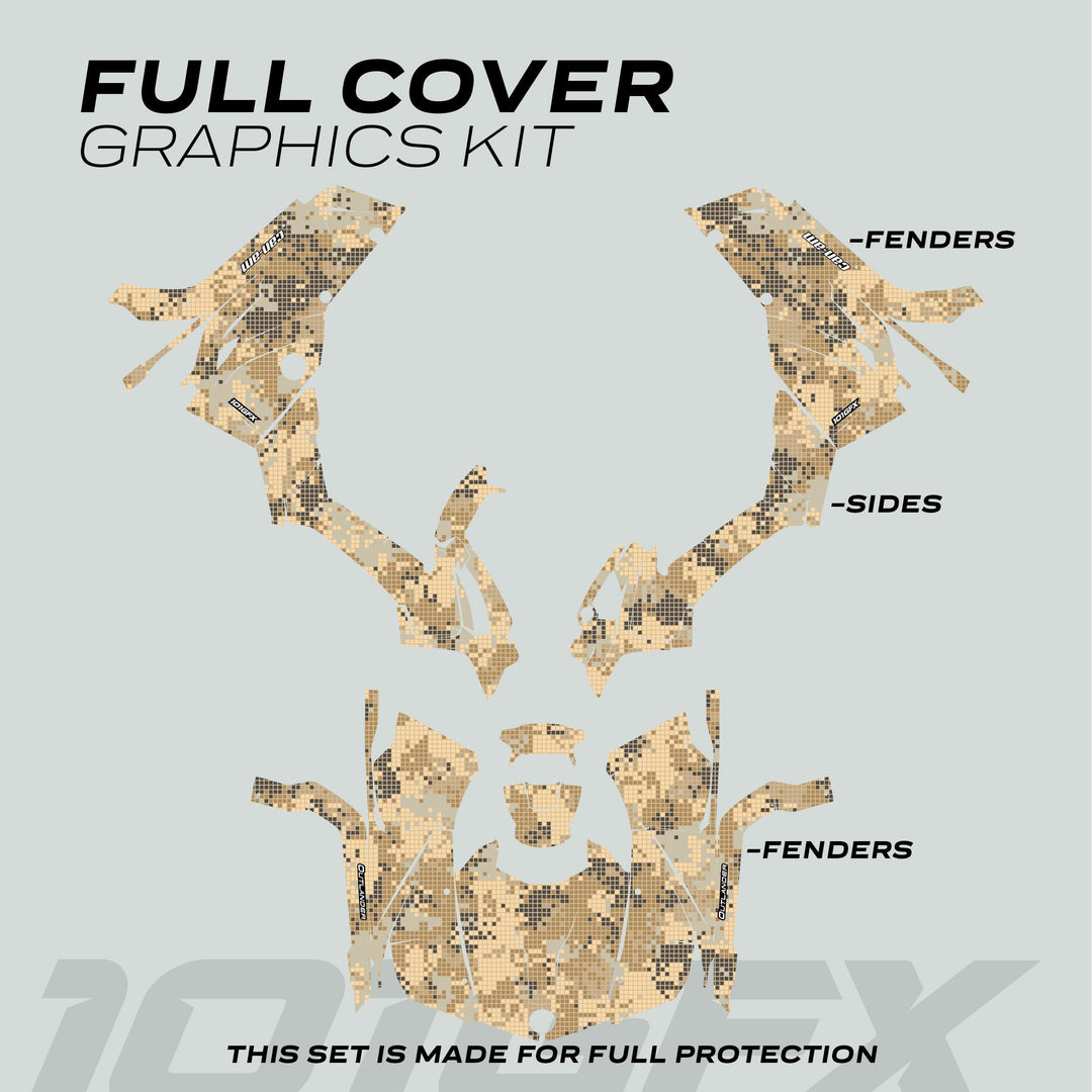 Can-Am OUTLANDER Graphics Kit DIGITAL CAMO Sand: Tan-and-brown digital camo decals for full coverage, labeled for fenders and sides, offering protection and style.