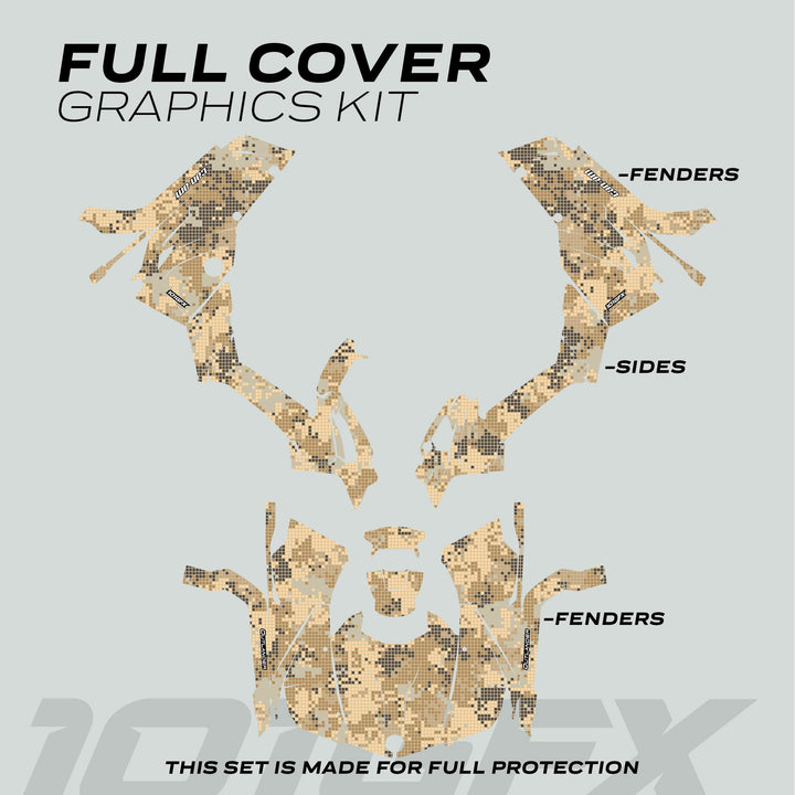 Can-Am OUTLANDER Graphics Kit DIGITAL CAMO Sand: Tan-and-brown digital camo decals for full coverage, labeled for fenders and sides, offering protection and style.
