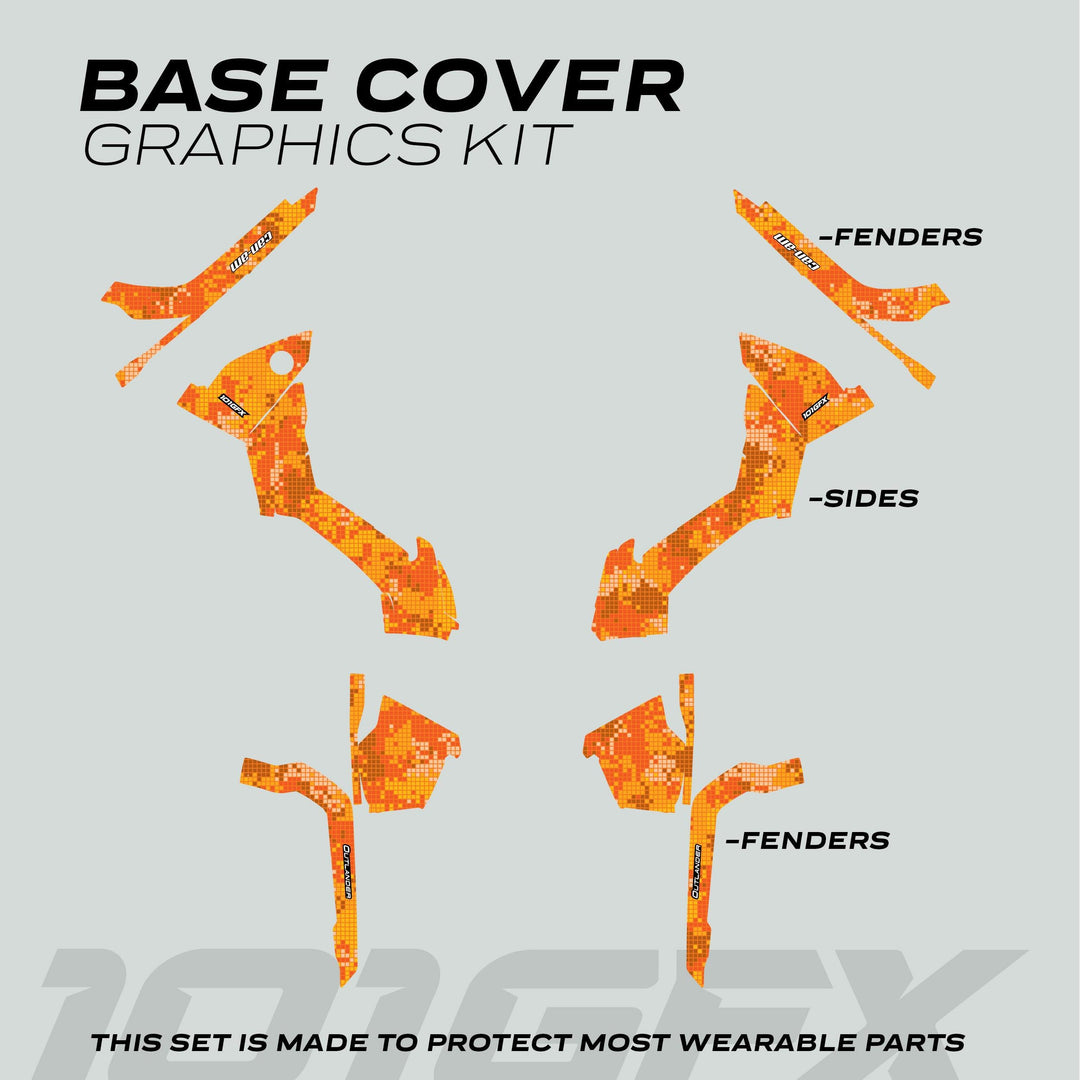 Can-Am OUTLANDER Graphics Kit DIGITAL CAMO Orange features labeled vinyl pieces for fenders and sides, offering vibrant style and protection against wear.