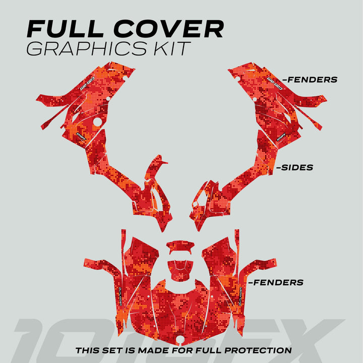 Can-Am OUTLANDER Graphics Kit DIGITAL CAMO Red laid out flat, showcasing labeled panels for ATV coverage: fenders, sides, and more, in a striking pixel pattern.