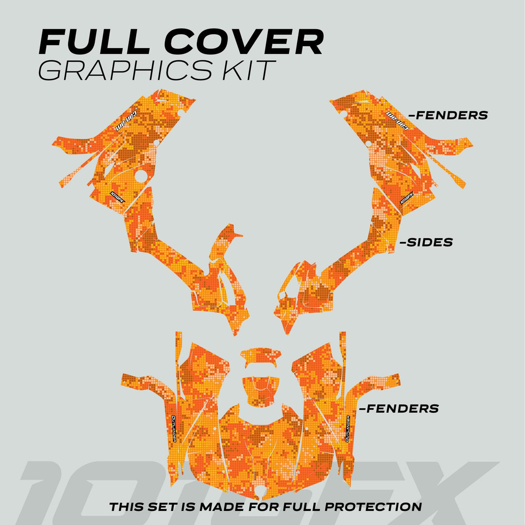 Can-Am OUTLANDER Graphics Kit DIGITAL CAMO Orange vinyl decals for full vehicle wrap, labeled for precise application, offering style and protection.