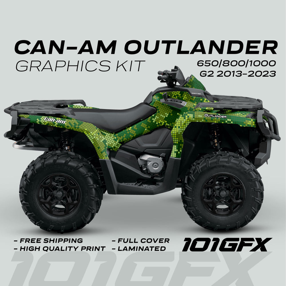 Can-Am OUTLANDER Graphics Kit DIGITAL CAMO Green on Outlander ATV, showcasing green pixel-camo vinyl wrap with text: “Free Shipping”, “High-Quality Print”, “Full Cover”, “Laminated”.