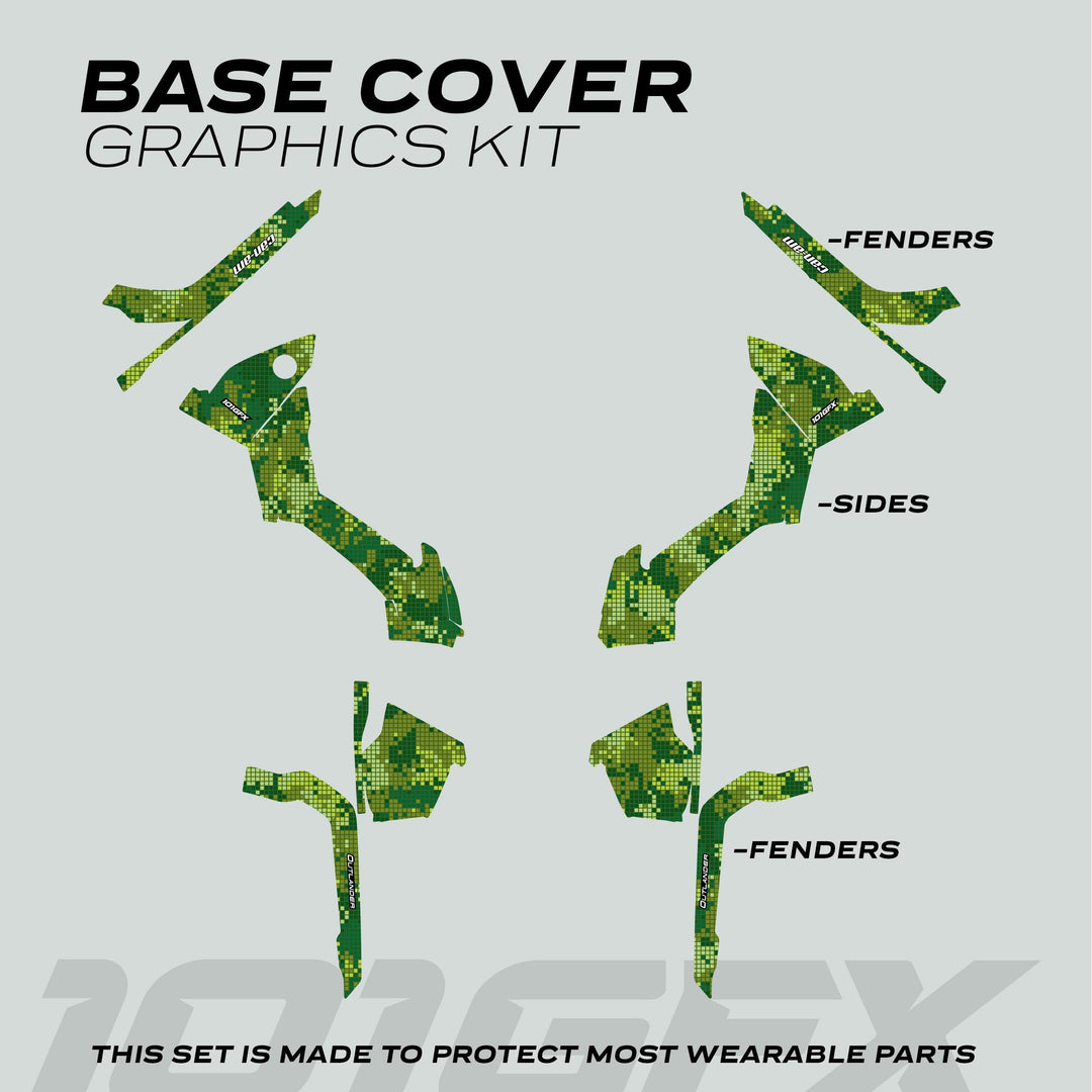 Can-Am OUTLANDER Graphics Kit DIGITAL CAMO Green on display, featuring labeled fender and side panel decals in green/yellow pixel-camo, designed for protection and style.