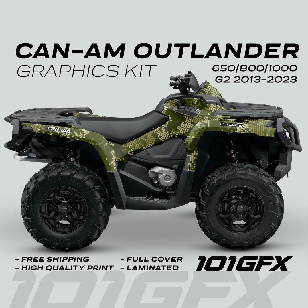 Can-Am OUTLANDER Graphics Kit DIGITAL CAMO Earth, featuring olive-green pixelated camouflage, fits 650/800/1000 G2 models (2013-2023). Highlights: full coverage, laminated, high-quality print.