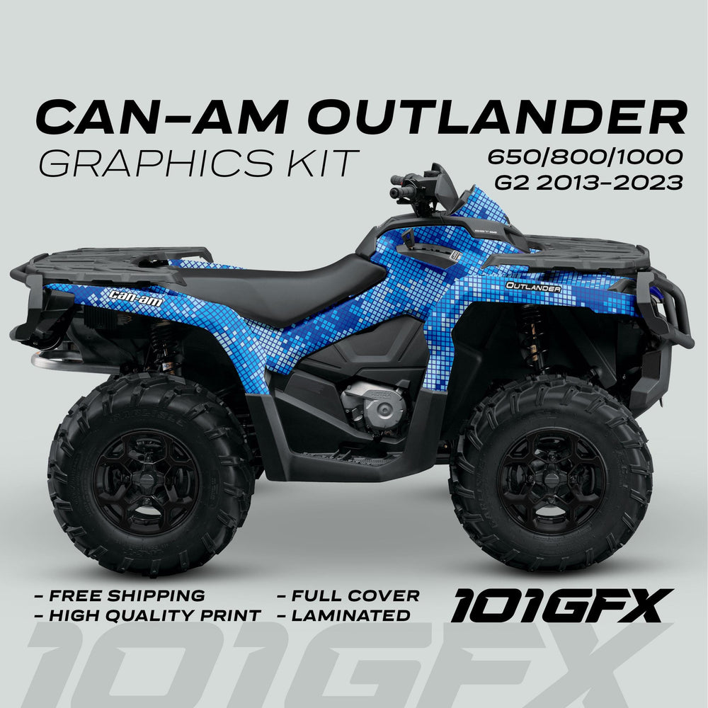 Can-Am OUTLANDER Graphics Kit DIGITAL BLUE on an ATV, featuring a blue pixel-mosaic design with text highlights about fit, quality, coverage, and vendor details.