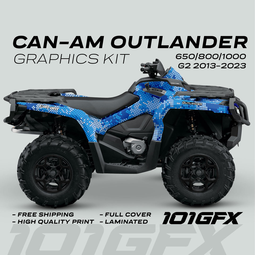 Can-Am OUTLANDER Graphics Kit DIGITAL BLUE on an ATV, featuring a blue pixel-mosaic design with text highlights about fit, quality, coverage, and vendor details.