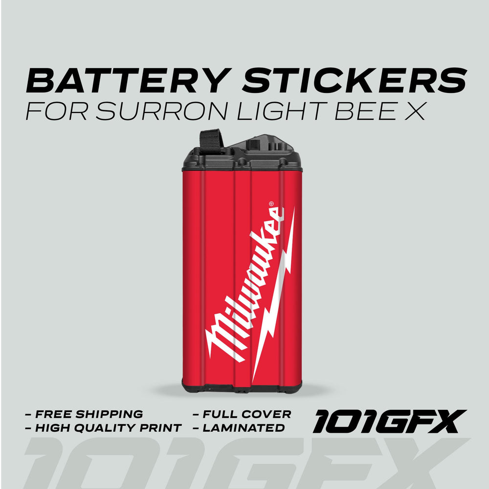 Surron Light Bee X Battery Stickers featuring a Milwaukee-style red decal on battery pack; highlights include full cover, free shipping, and high-quality laminated print by 101GFX.
