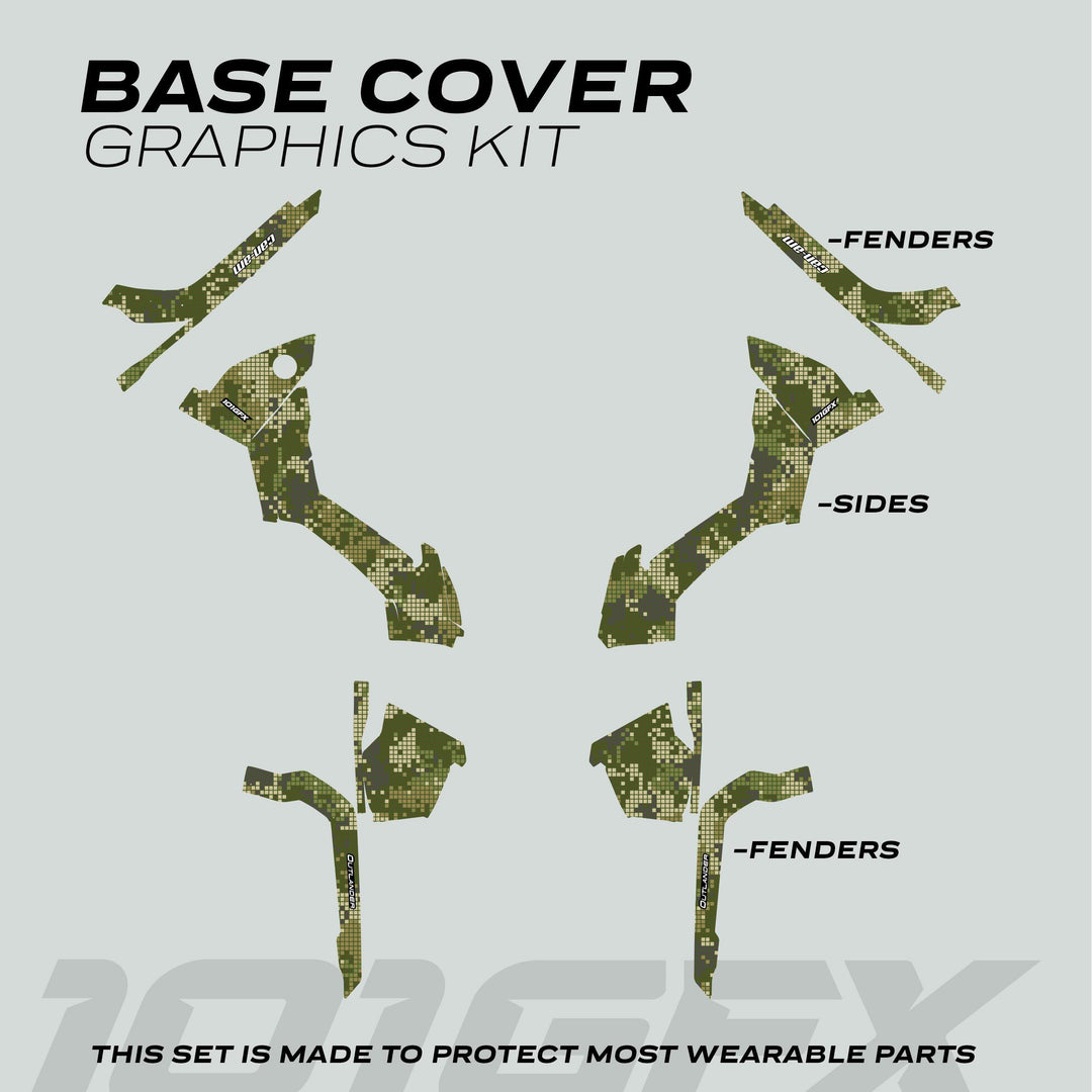 Can-Am OUTLANDER Graphics kit DIGITAL CAMO Earth with olive-green pixel-camo vinyl panels for ATV fenders and sides, offering protection and style enhancement.