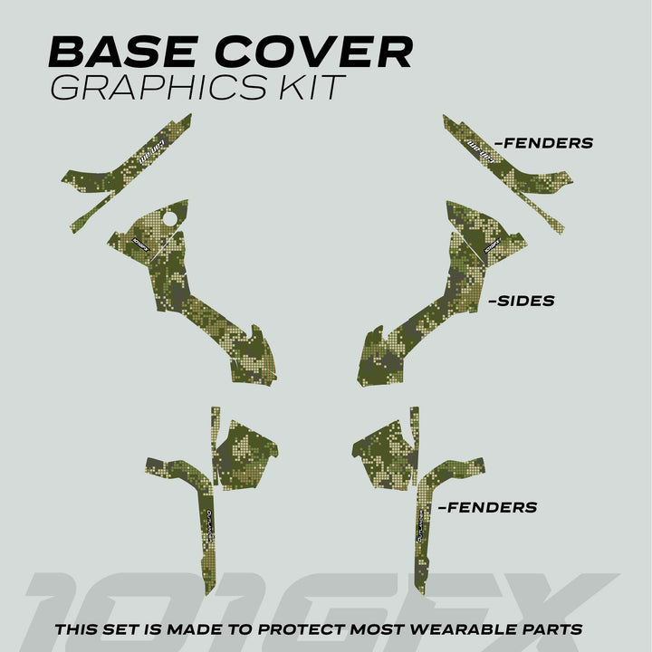 Can-Am OUTLANDER Graphics kit DIGITAL CAMO Earth with olive-green pixel-camo vinyl panels for ATV fenders and sides, offering protection and style enhancement.