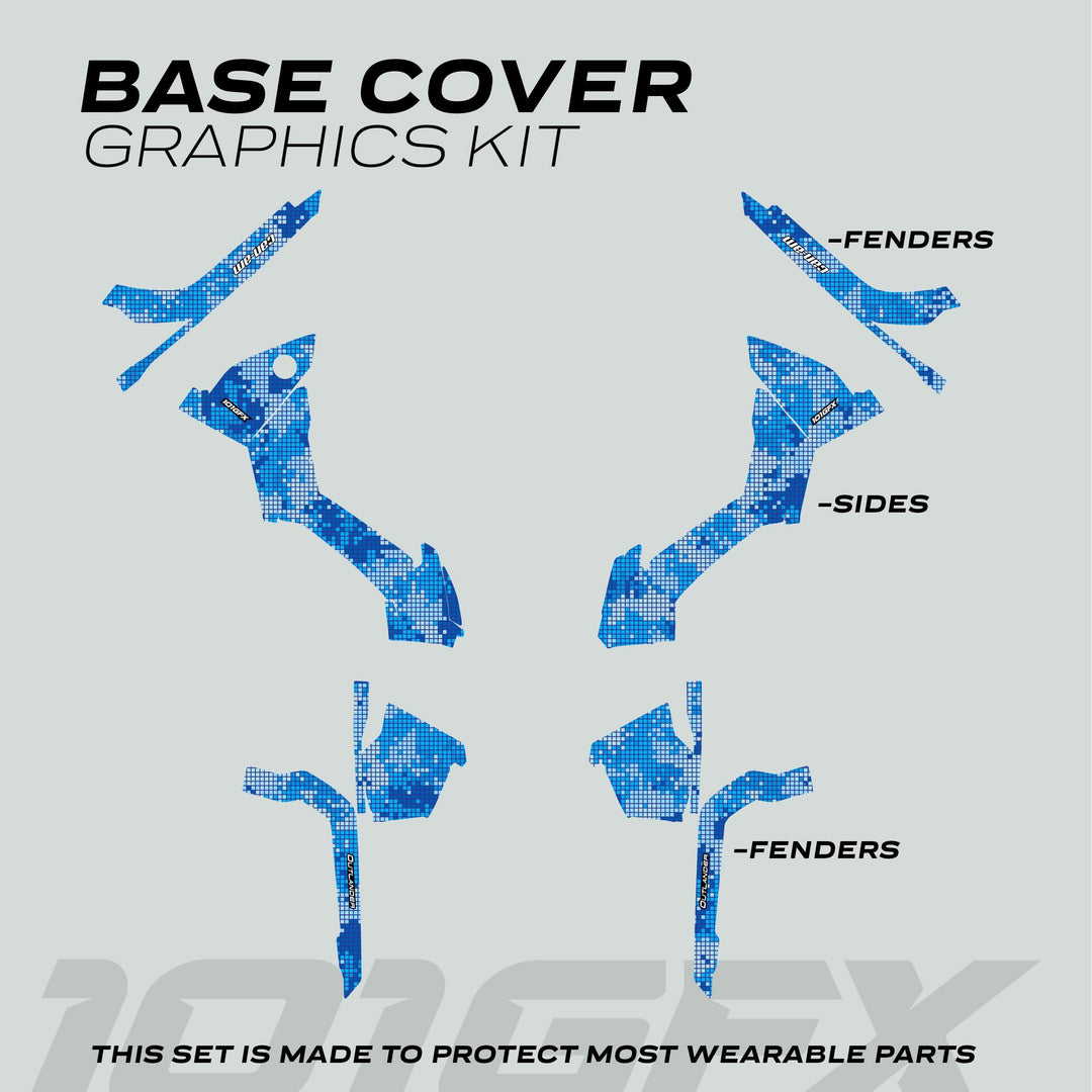 Can-Am OUTLANDER Graphics Kit DIGITAL BLUE featuring a blue pixel-mosaic pattern, labeled fender and side-panel vinyl decals for protection and style enhancement.