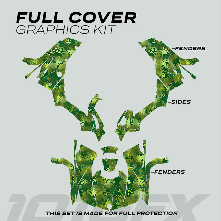 Can-Am OUTLANDER Graphics Kit DIGITAL CAMO Green, showcasing fender and side decals in pixelated green camo, designed for full vehicle protection and style enhancement.