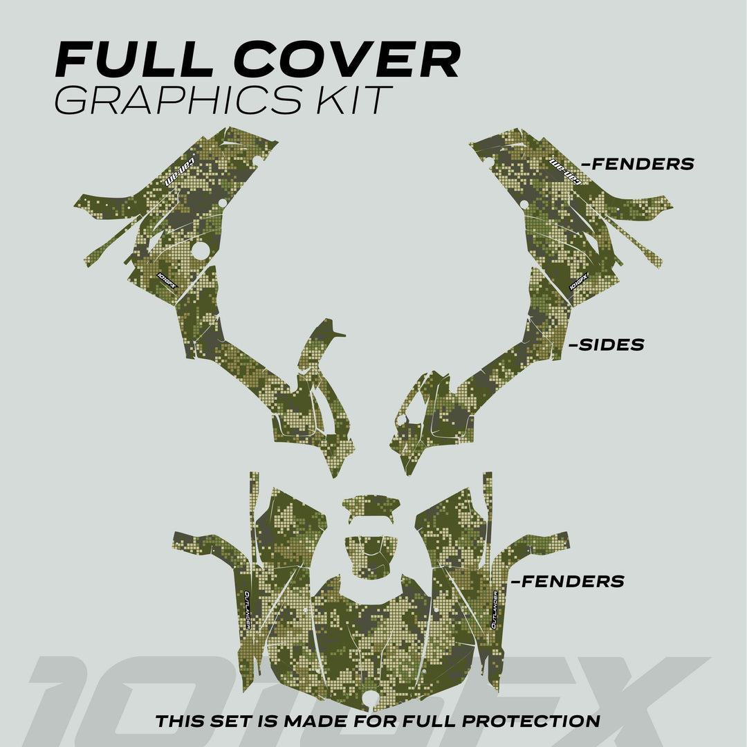 Can-Am OUTLANDER Graphics Kit DIGITAL CAMO Earth displayed with green digital-camo cut-vinyl pieces for fenders and sides, labeled for easy assembly and full protection.