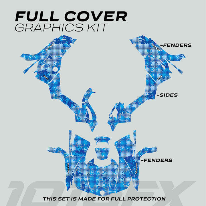 Can-Am OUTLANDER Graphics Kit DIGITAL BLUE: decal wrap showing labeled parts in pixelated camo pattern, offering vibrant design and protection for off-road vehicles.