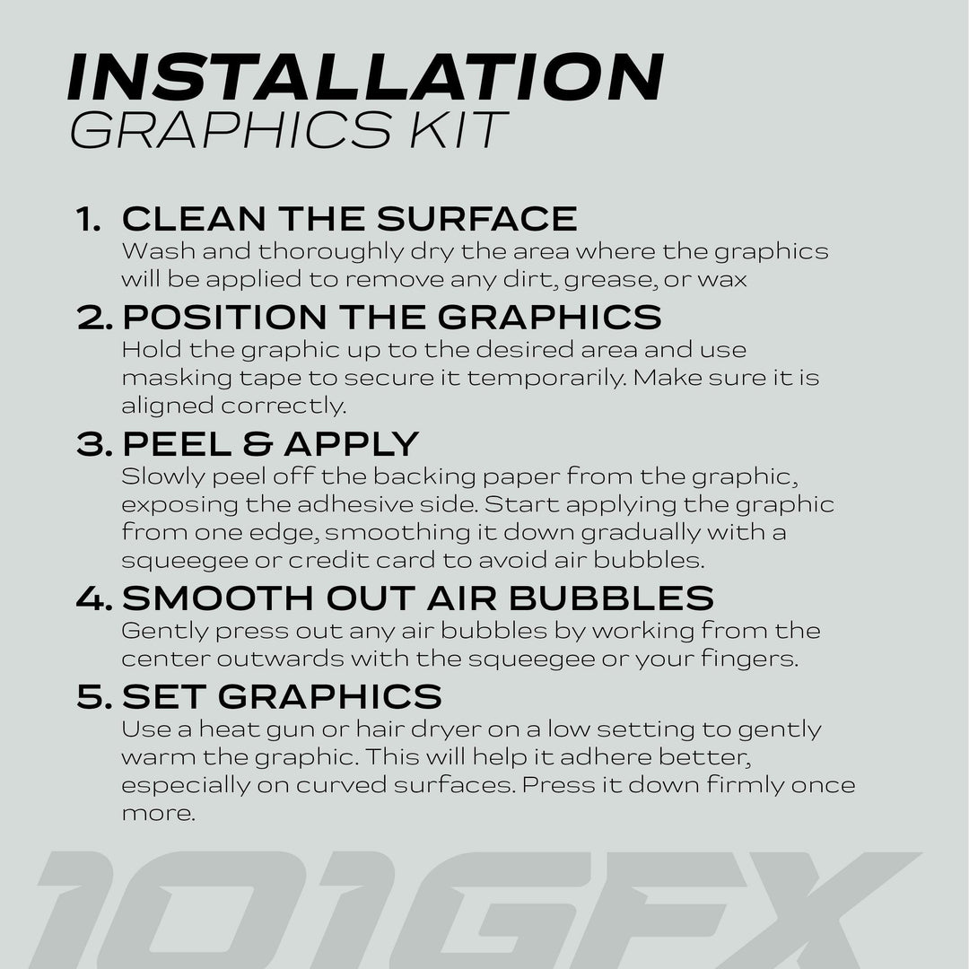 Instruction sheet for Can-Am OUTLANDER Graphics Kit DIGITAL CAMO Green, detailing a five-step vinyl application process with a light gray 101GFX watermark in the background.