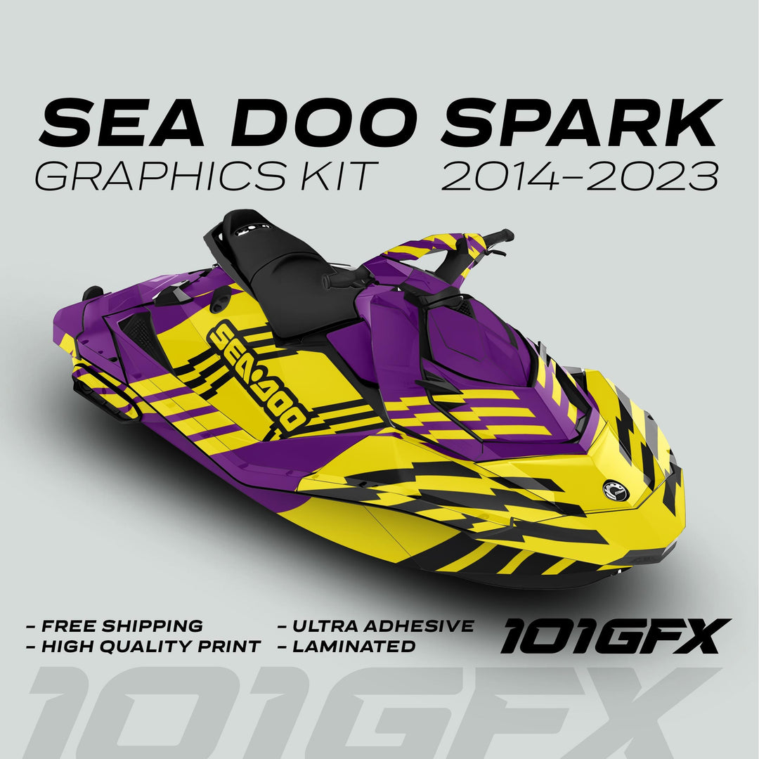 Sea Doo Spark Graphics Kit FAST PURPLE YELLOW with vibrant design, high-quality vinyl, ultra adhesive, and laminated finish, enhances watercraft aesthetics and durability.