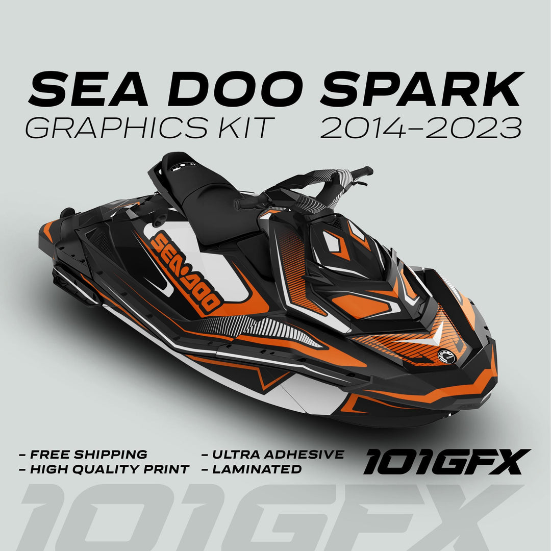 Sea Doo Spark Graphics Kit RACE LINE White Orange features a sleek geometric design on watercraft, highlighting high-quality, ultra-adhesive vinyl with free shipping offer.