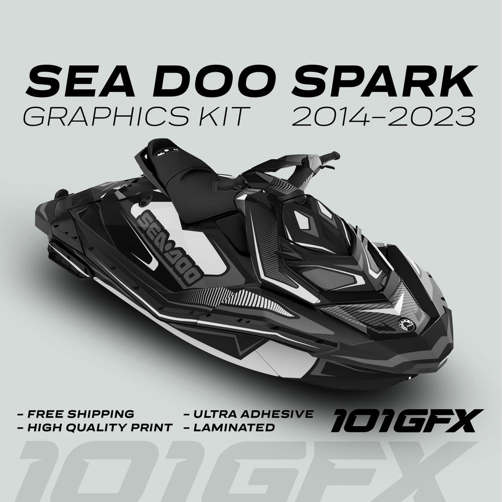 Sea Doo Spark Graphics Kit RACE LINE White Grey on jet ski mock-up; features high-quality, ultra-adhesive, laminated decals with race-inspired design.
