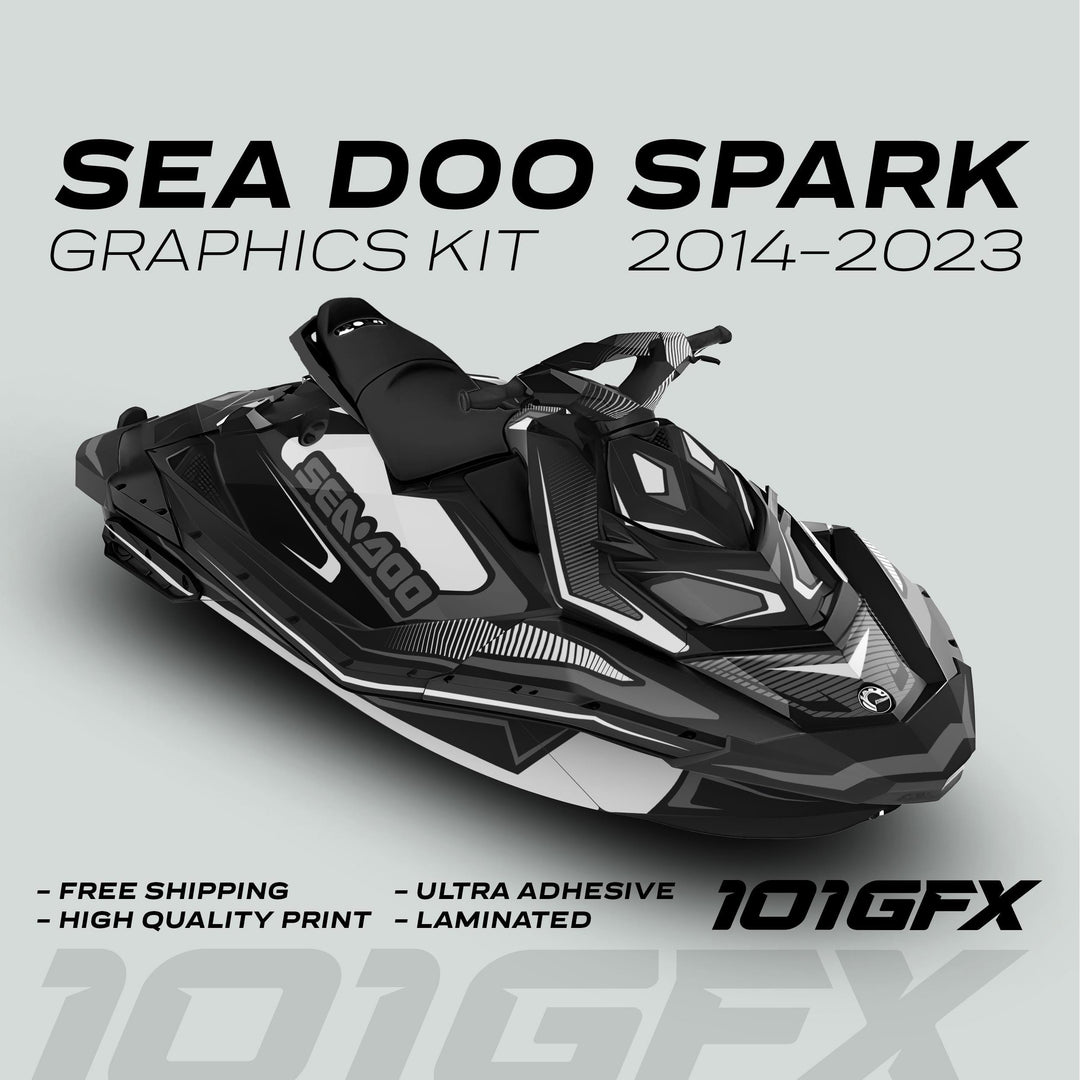 Sea Doo Spark Graphics Kit RACE LINE White Grey on jet ski mock-up; features high-quality, ultra-adhesive, laminated decals with race-inspired design.