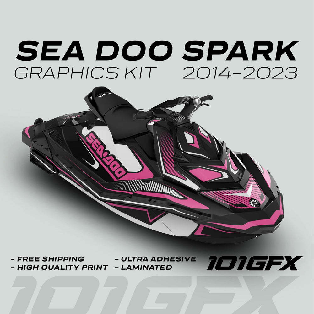 Sea Doo Spark Graphics Kit RACE LINE White Pink featuring black & pink wrap, high-quality print, ultra-adhesive, laminated finish; includes free shipping offer.