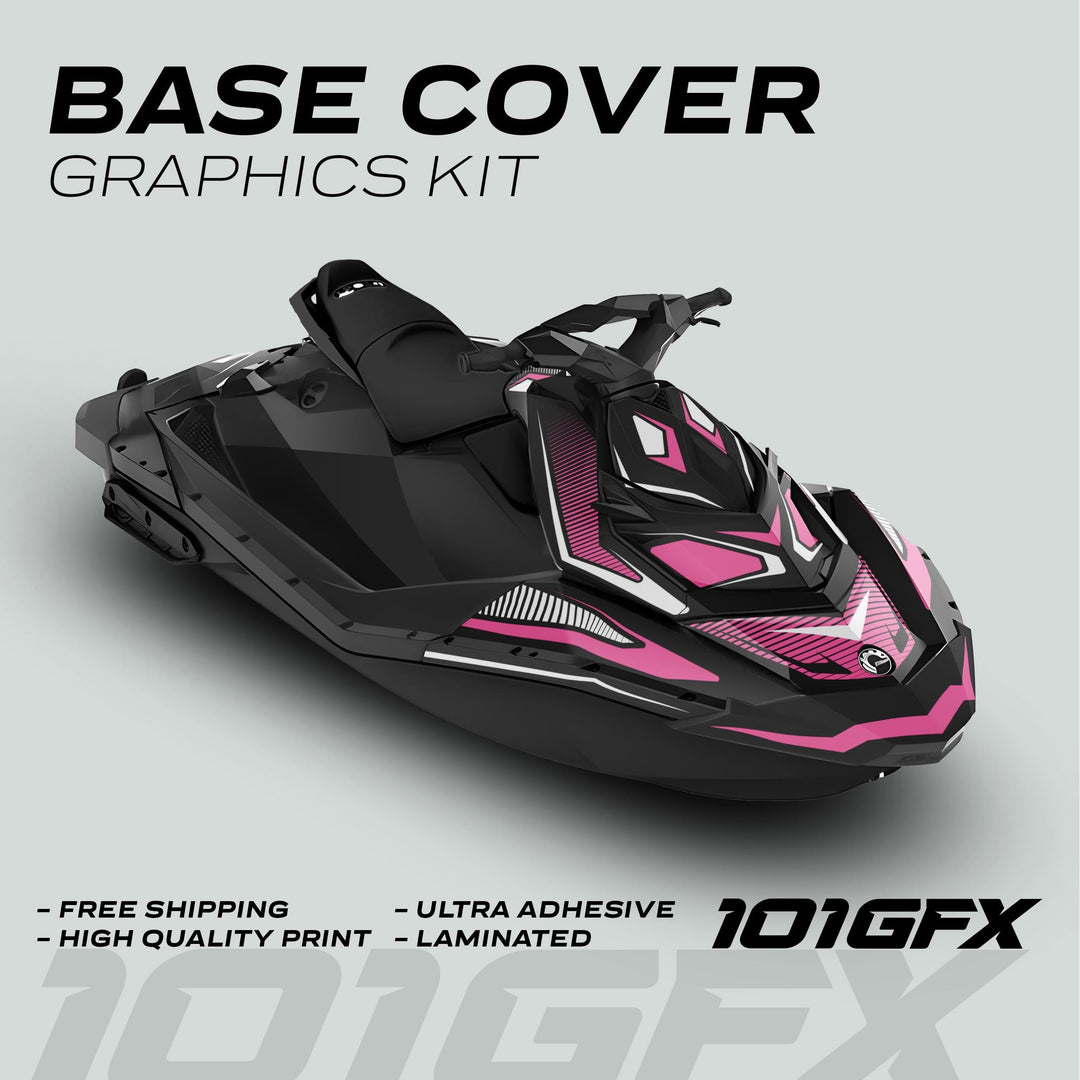 Sea Doo Spark Graphics Kit RACE LINE White Pink on jet ski with bold decals; highlights include free shipping, high-quality print, ultra adhesive, and laminated features.