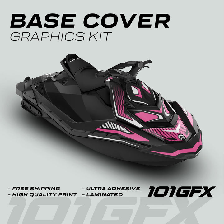 Sea Doo Spark Graphics Kit RACE LINE White Pink on jet ski with bold decals; highlights include free shipping, high-quality print, ultra adhesive, and laminated features.
