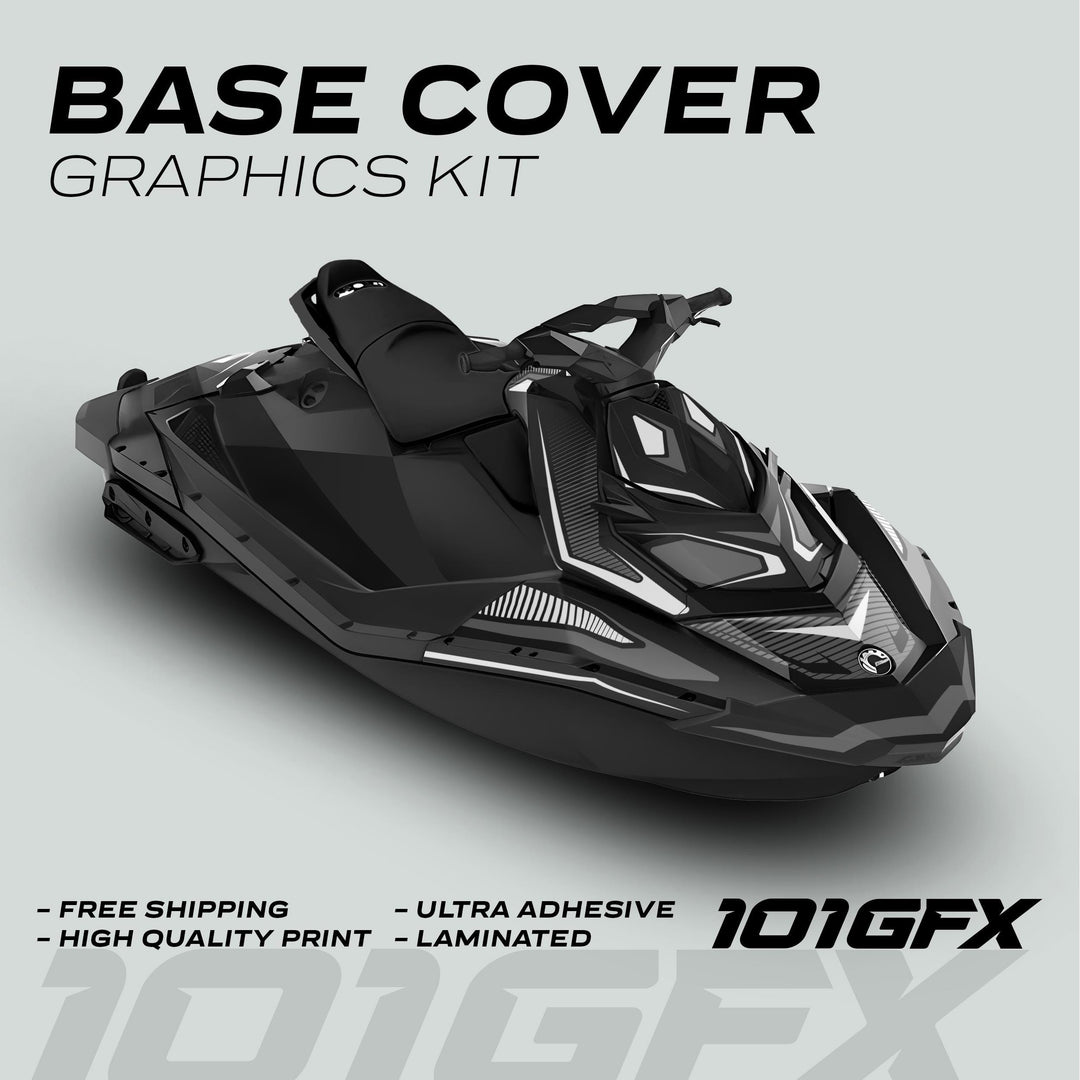 Sea Doo Spark Graphics Kit RACE LINE White Grey displayed on a black 3D-rendered jet ski, highlighting free shipping, high quality, ultra adhesive, laminated.
