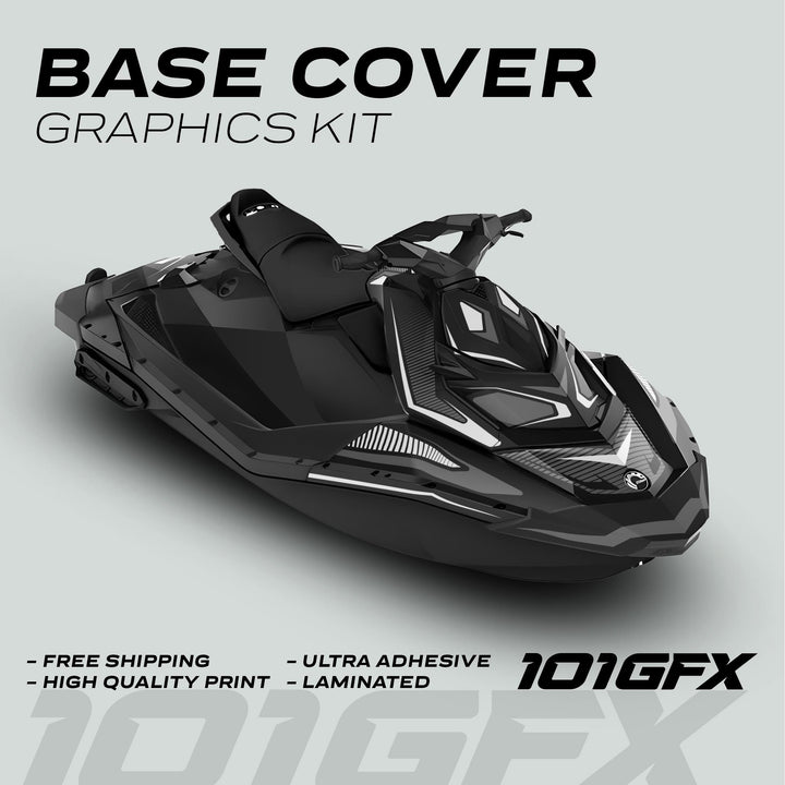 Sea Doo Spark Graphics Kit RACE LINE White Grey displayed on a black 3D-rendered jet ski, highlighting free shipping, high quality, ultra adhesive, laminated.