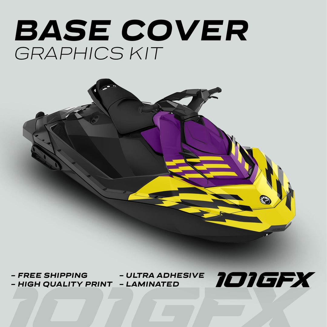 Sea Doo Spark Graphics Kit FAST PURPLE YELLOW featuring bold decals on a black jet ski, highlighting free shipping, high quality, ultra adhesive, and laminated features.