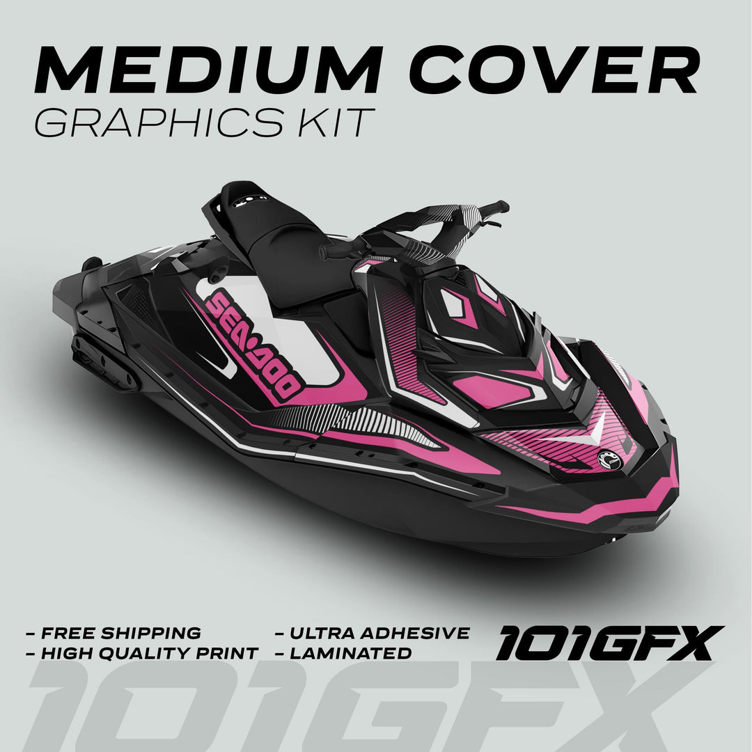 Sea Doo Spark Graphics Kit RACE LINE White Pink on Sea-Doo, featuring vibrant decals, ultra adhesive, laminated, high-quality print, and free shipping from 101GFX.