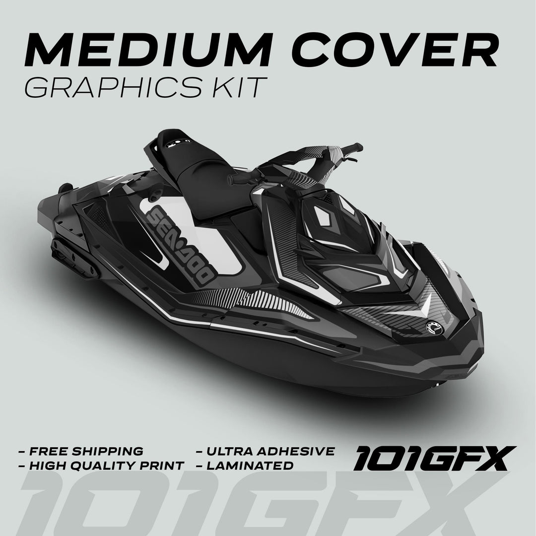 Sea Doo Spark Graphics Kit RACE LINE White Grey with sleek black-and-grey wrap, highlights include Free Shipping, High Quality Print, Ultra Adhesive, Laminated.