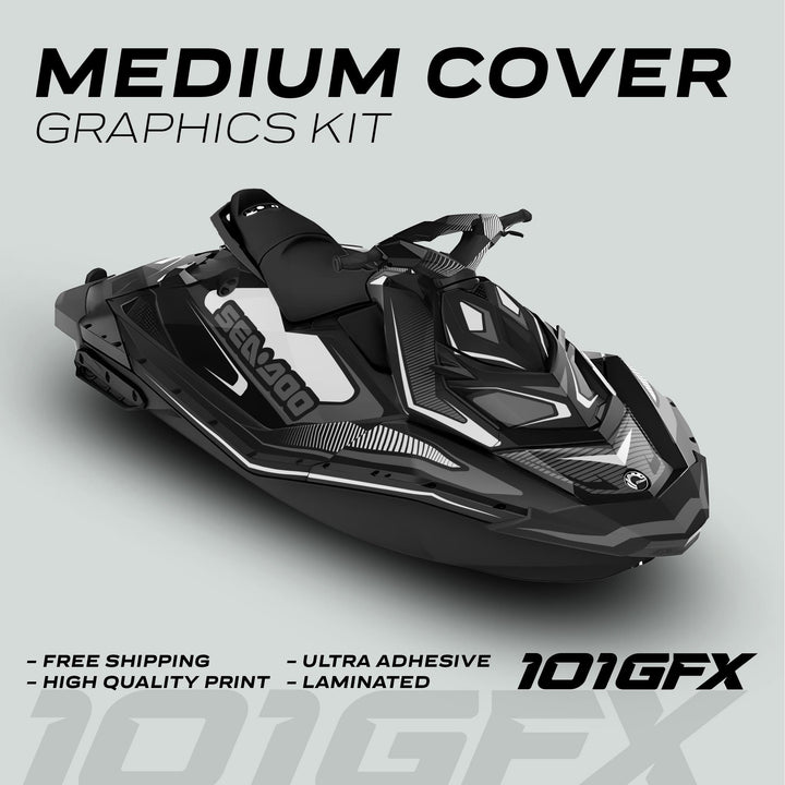 Sea Doo Spark Graphics Kit RACE LINE White Grey with sleek black-and-grey wrap, highlights include Free Shipping, High Quality Print, Ultra Adhesive, Laminated.