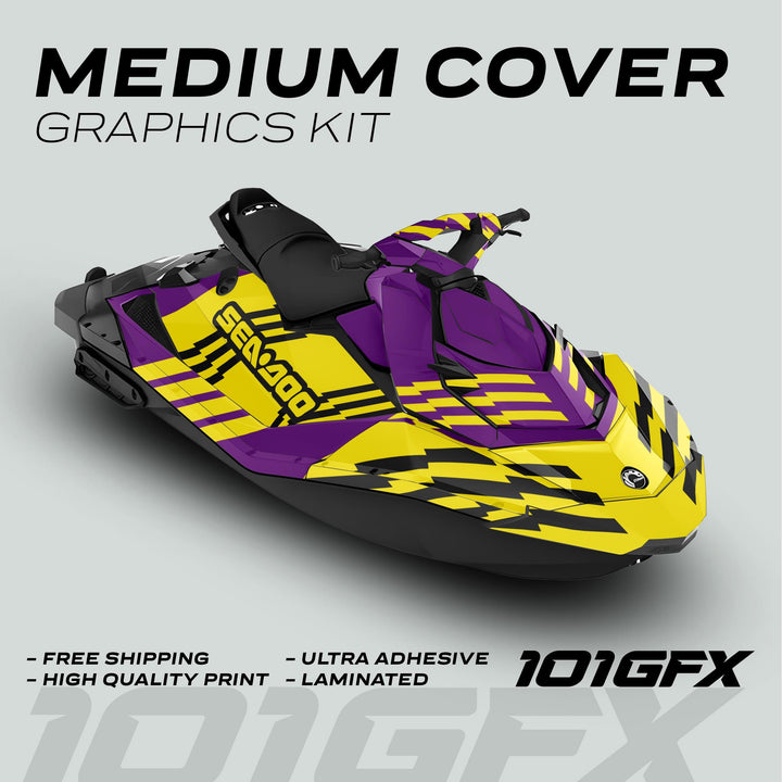 Sea Doo Spark Graphics Kit FAST PURPLE YELLOW displayed with bold, angular stripes and promotional highlights like free shipping and high-quality, ultra-adhesive vinyl.