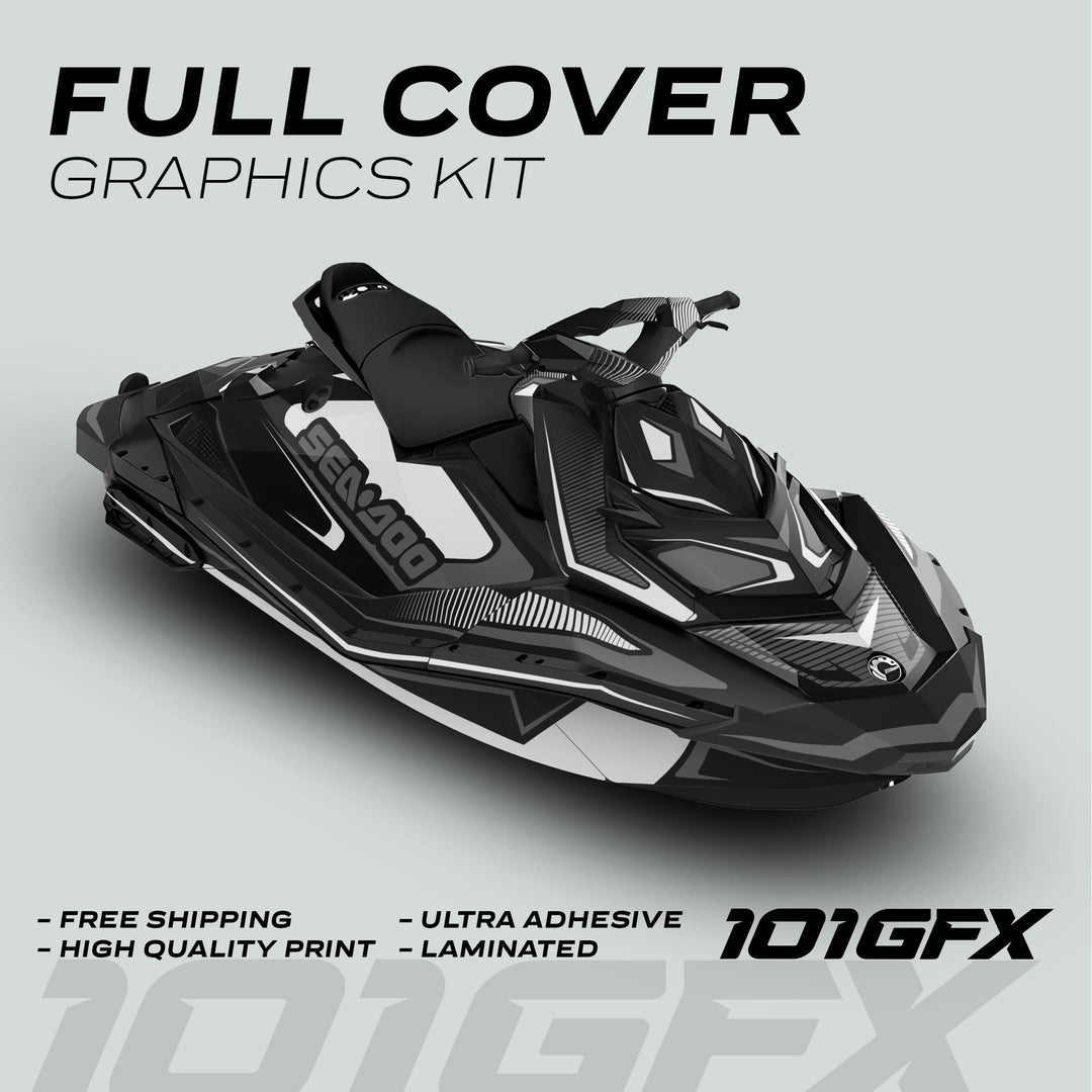 Sea Doo Spark Graphics Kit RACE LINE White Grey on a jet ski, promoting full coverage, high quality, ultra adhesive, and weather-resistant features by 101GFX.